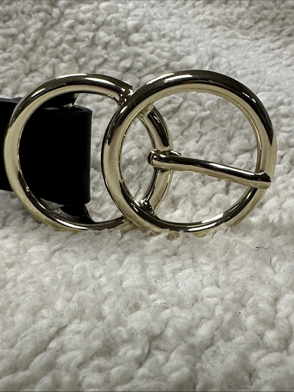 Vegan Faux Leather Black Belt With Gold Tone Double Circle Buckle, L